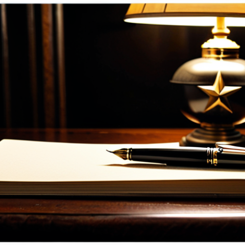 Timeless Elegance**

"A beautifully lit photograph of a Montblanc Meisterstück fountain pen resting on a dark wooden desk. The pen is black with gold trim, showcasing its iconic star emblem. The background is slightly blurred, featuring leather-bound books and a vintage lamp. Soft, warm lighting enhances the luxurious feel. Focus on the pen's exquisite details. safe for work, appropriate content, fully clothed, professional, modest, perfect anatomy, natural proportions, high quality."

**
