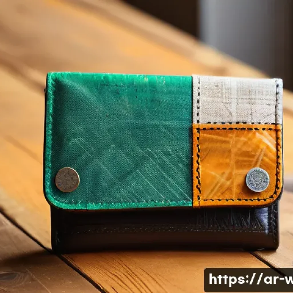 프라이탁 재활용 소재 지갑의 친환경 매력 - A stylish, eco-friendly wallet crafted from recycled truck tarpaulin fabric, showcasing a patchwork ...