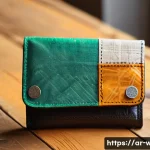 프라이탁 재활용 소재 지갑의 친환경 매력 - A stylish, eco-friendly wallet crafted from recycled truck tarpaulin fabric, showcasing a patchwork ...