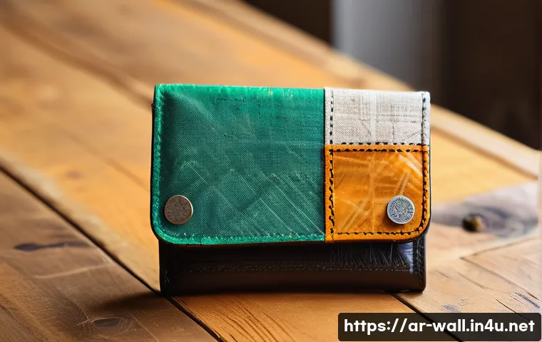 프라이탁 재활용 소재 지갑의 친환경 매력 - A stylish, eco-friendly wallet crafted from recycled truck tarpaulin fabric, showcasing a patchwork ...