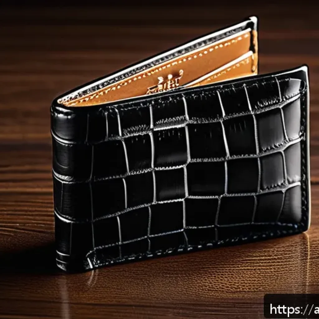 알렉산더왕 크록 레더 지갑 스타일링 - A luxurious Alexander Wang Croc Leather wallet placed elegantly on a traditional Middle Eastern wood...