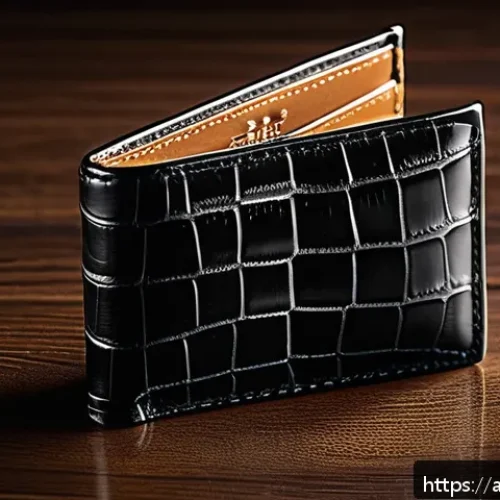 알렉산더왕 크록 레더 지갑 스타일링 - A luxurious Alexander Wang Croc Leather wallet placed elegantly on a traditional Middle Eastern wood...